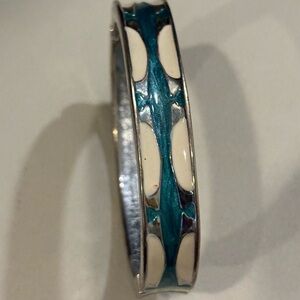 Vintage Blue & White Enamel and Silvertone Snap Cuff Bracelet